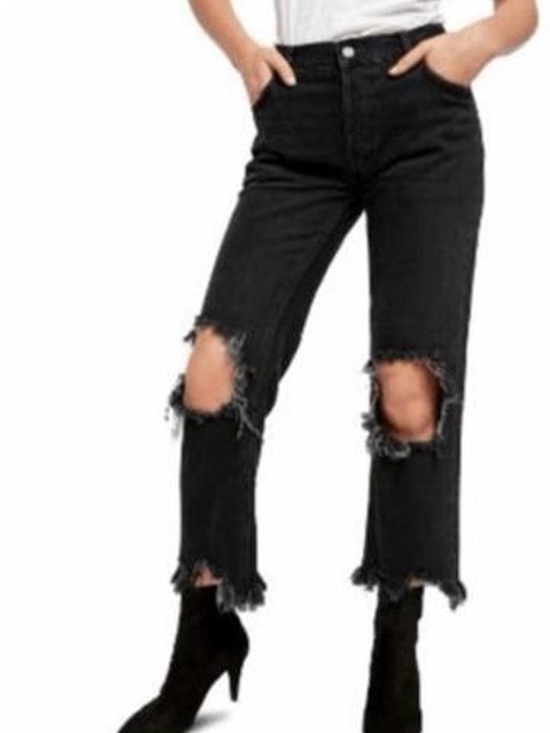 Free People Denim - Free People "Maggie" mid-rise distressed straight-leg jeans in a black wash 25
